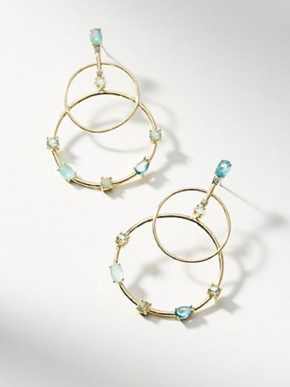 Anthropologie Double Gold Tone Hoops W/ sea glass & Aqua stones RARE